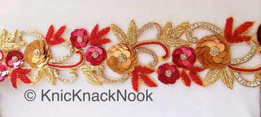 Red / Blue & Gold Hand Embroidered Zardozi Cutwork Lace Trim Beaded Trim, Sequins Rhinestones Wedding Bridal Belt Decorative